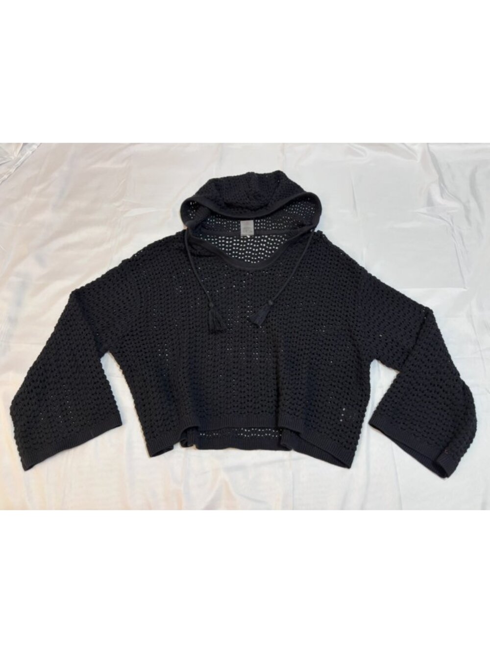 Caila Black Open Knit Crochet Hooded Sweater Size Medium Boho Cropped Pullover